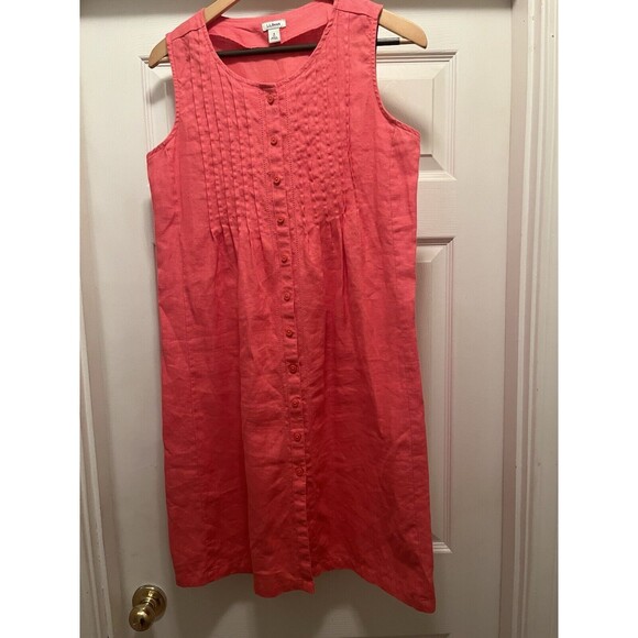 LL Bean Linen Dress Salmon Pink Pintuck Sleeveless Button Down Minimalist Sz 8p - Picture 1 of 14